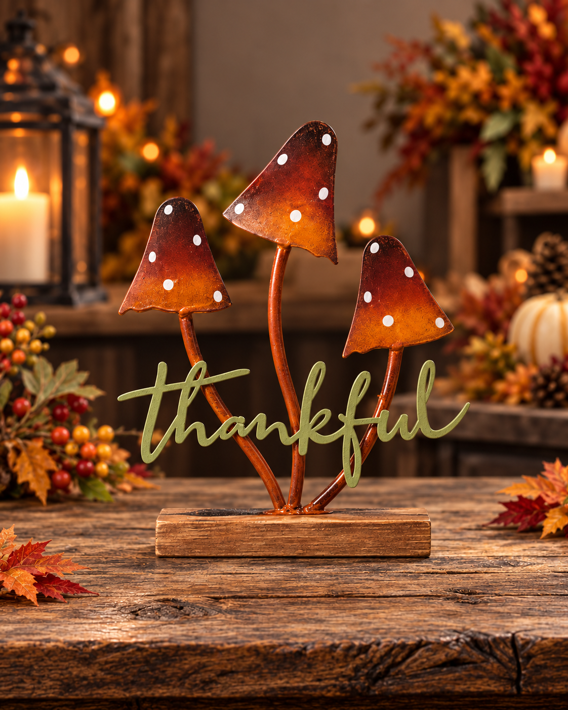 Thankful mushroom tabletop decor with three autumn mushrooms on a rustic wooden base