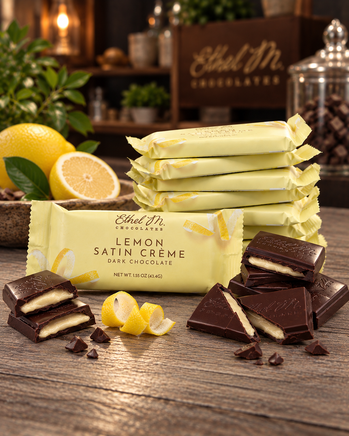 Ethel M Lemon Satin Crème Dark Chocolate Bar with creamy lemon filling, dark chocolate pieces and pale yellow Ethel M packaging.