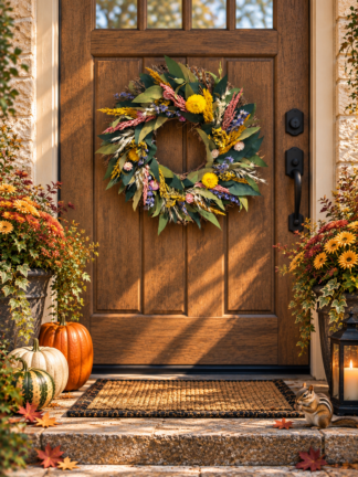 Meadow Sunshine 18-inch dried botanical wreath with yellow, pink and lavender-blue flowers, natural grasses and lush preserved green leaves.