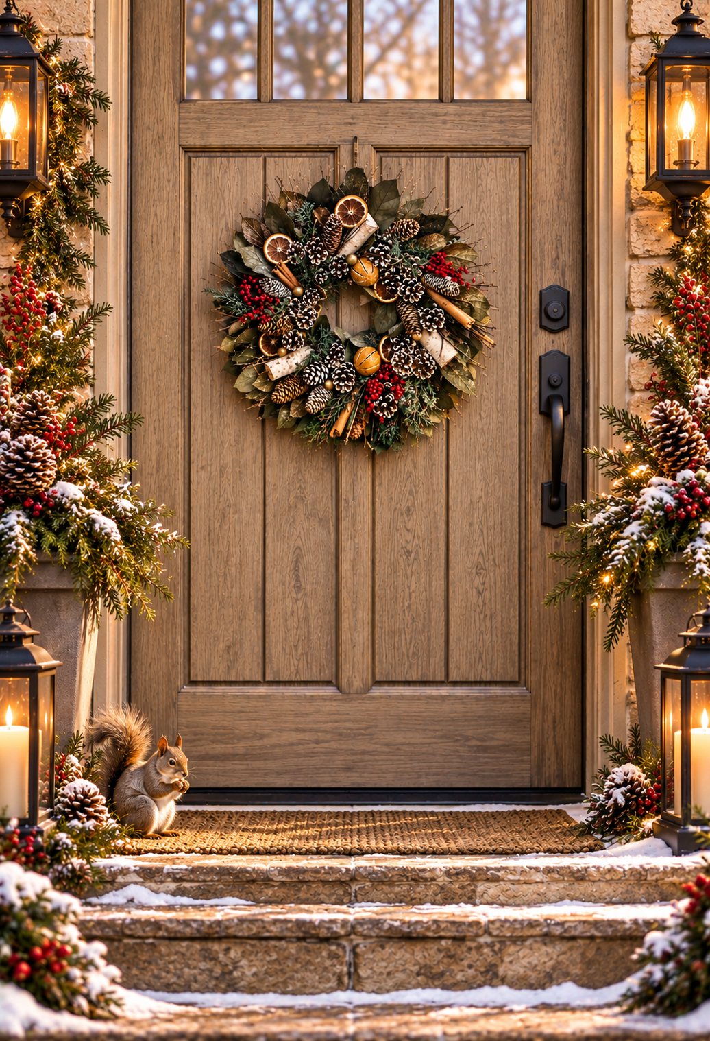 A Cinnamon & Citrus Holiday 18-inch dried botanical Christmas wreath with dried oranges, cinnamon sticks, canella berries, birch, juniper, natural and frosted pinecones, and gold-tinted salal leaves.