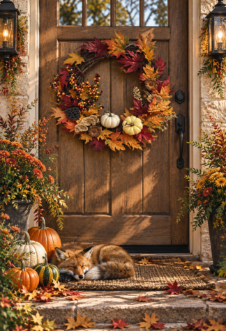 Autumn at the Door 21-inch autumn wreath with red and golden maple leaves, colorful berries, ivory pumpkins, dried flowers and natural grapevine accents.