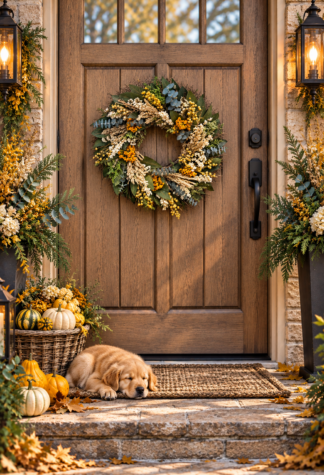 Autumn in the Meadow 18-inch dried botanical wreath with eucalyptus, wheat, dried grasses, cream flowers, golden accents and preserved greenery.