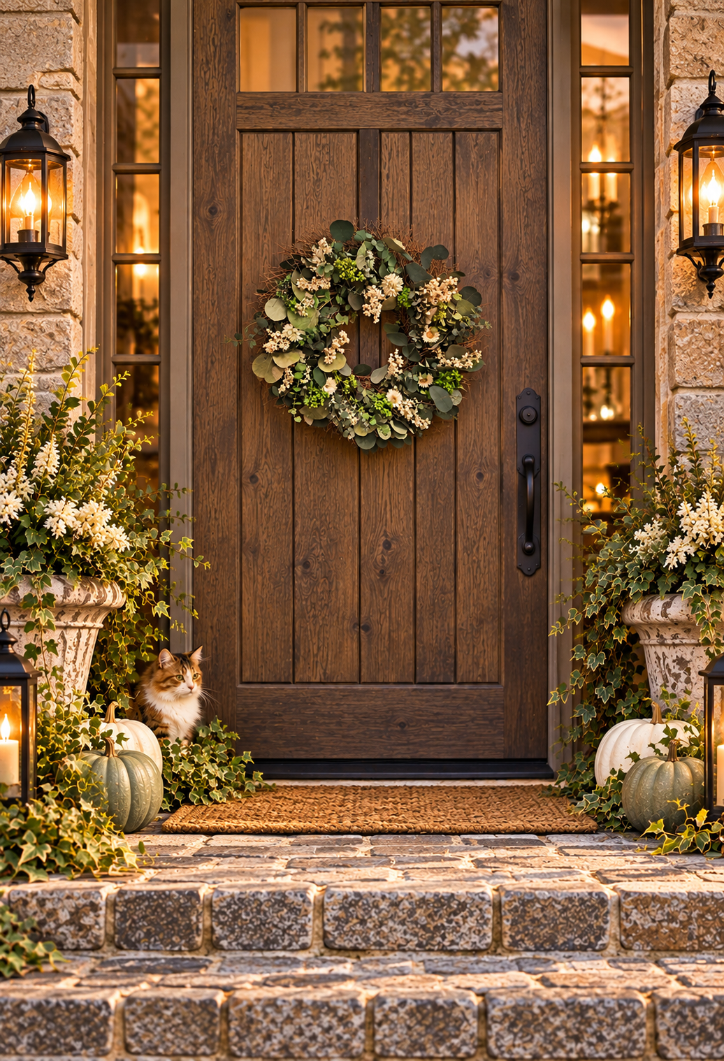 Cottage Holidays 18-inch dried botanical wreath with baby eucalyptus, delicate white dried flowers, preserved greenery and natural twig accents.