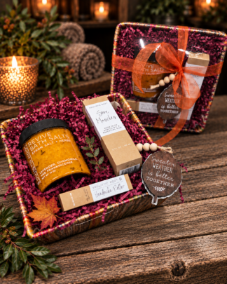 Rooted in Comfort Soulistic Root gift basket with Revive Bath Salts, Sore Muscles Oil, Headache Roller, seasonal ribbon and Sweater Weather tag.