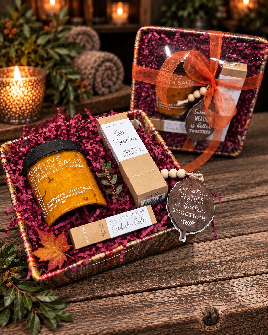Rooted in Comfort Soulistic Root gift basket with Revive Bath Salts, Sore Muscles Oil, Headache Roller, seasonal ribbon and Sweater Weather tag.