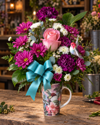 A pretty mug with a Hummingbird and flowers