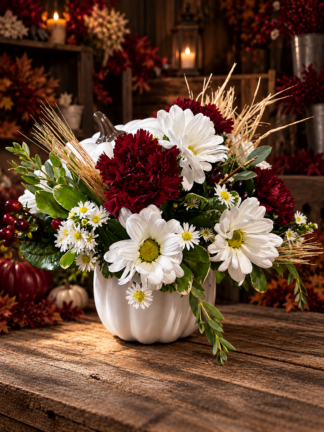 Aggieland Autumn floral arrangement featuring burgundy carnations, white daisies, red berries, and seasonal greenery in a white ceramic pumpkin at Aggieland Flowers & Chocolates in College Station, TX.