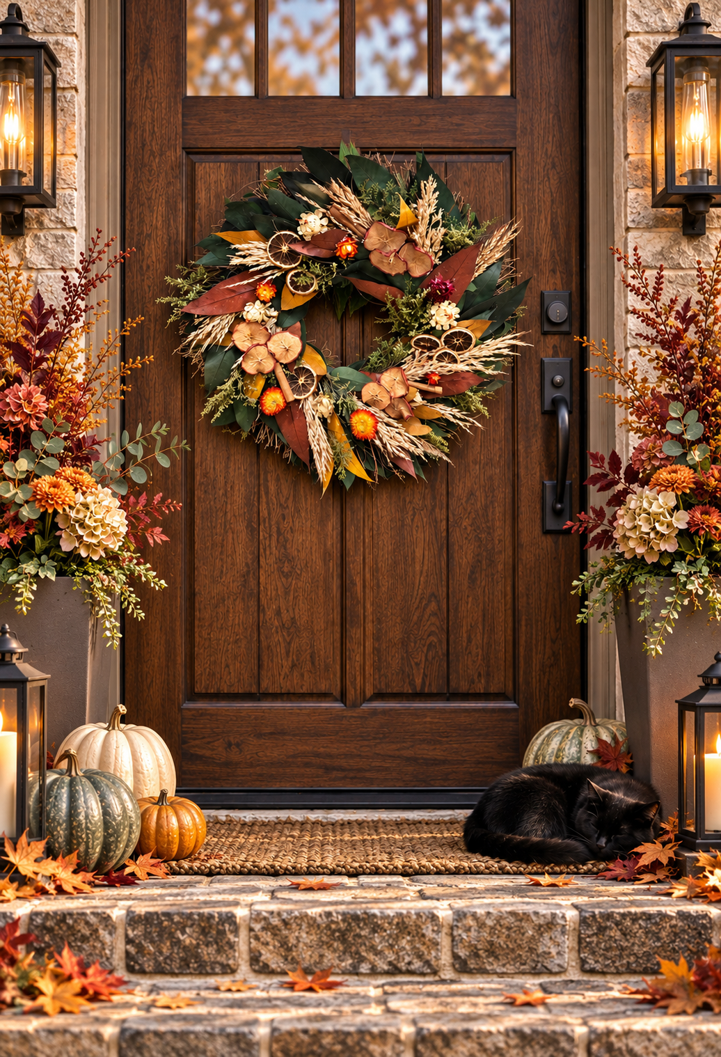 Harvest at Home 18-inch rustic autumn wreath with real dried apples and oranges, willow eucalyptus, wheat, wildflowers and natural dried botanicals.