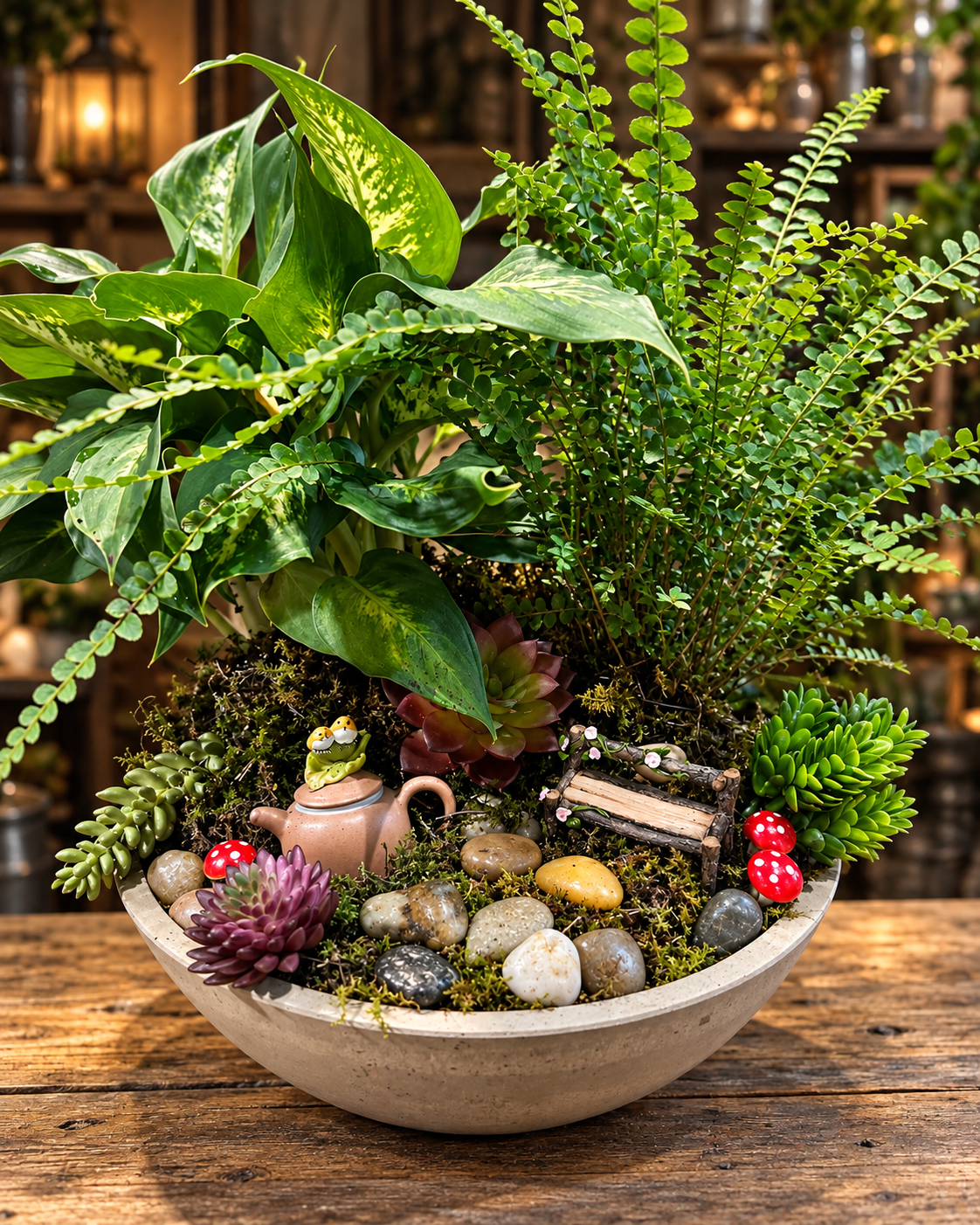 Close-up of two tiny birds perched on a miniature teapot among moss, succulents and woodland details in Tea for Two in Briar Hollow.