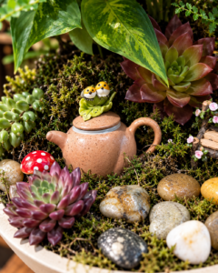 Close-up of two tiny birds perched on a miniature teapot among moss, succulents and woodland details in Tea for Two in Briar Hollow.