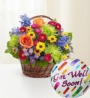 Best Wishes Flower Basket and Balloon