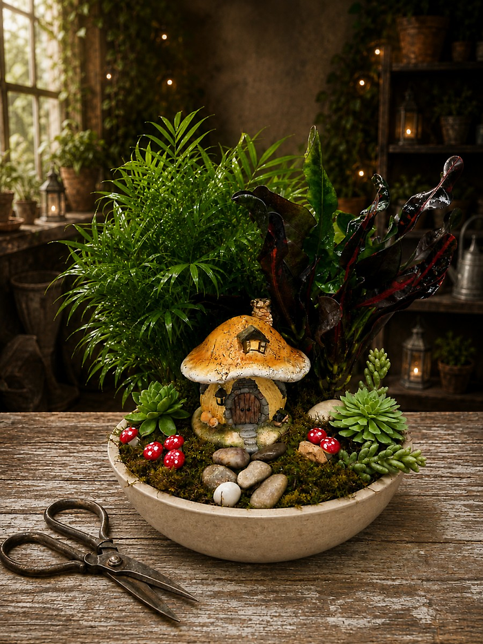Mushroom Meadow Lane ~ Enchanted Dish Garden