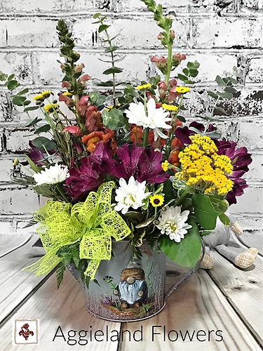 Hand-Painted Gnome Watering Can Arrangement